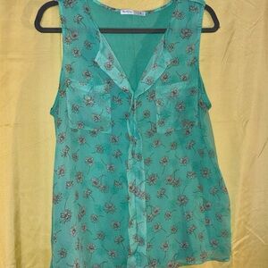 Teal Floral Sheer Sleeveless Blouse
